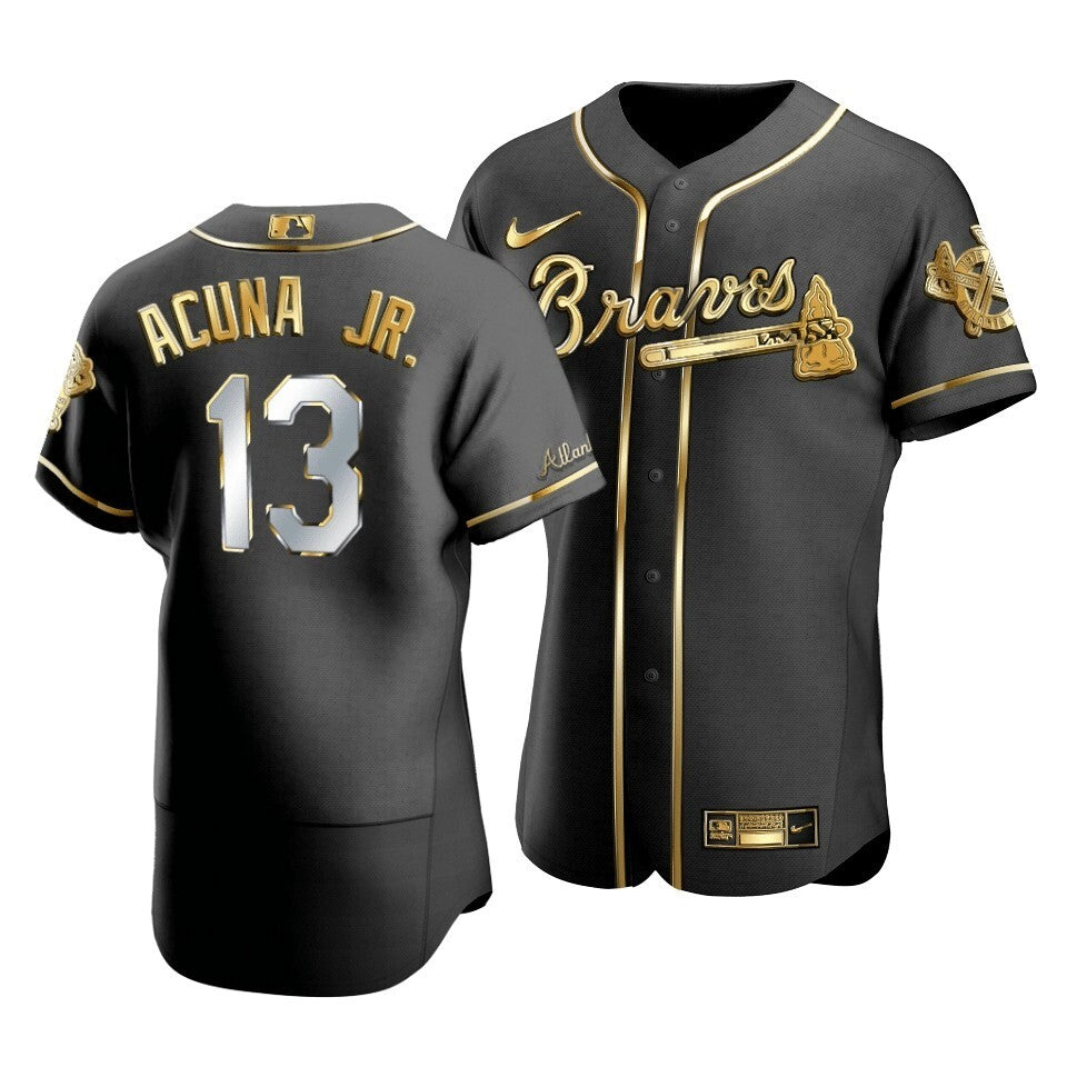 Men'S Atlanta Braves Ronald Acuna Jr. #13 Gold Edition Black  Jersey